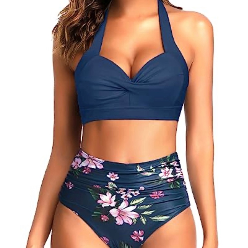 Navy Floral Halter Bikini Set